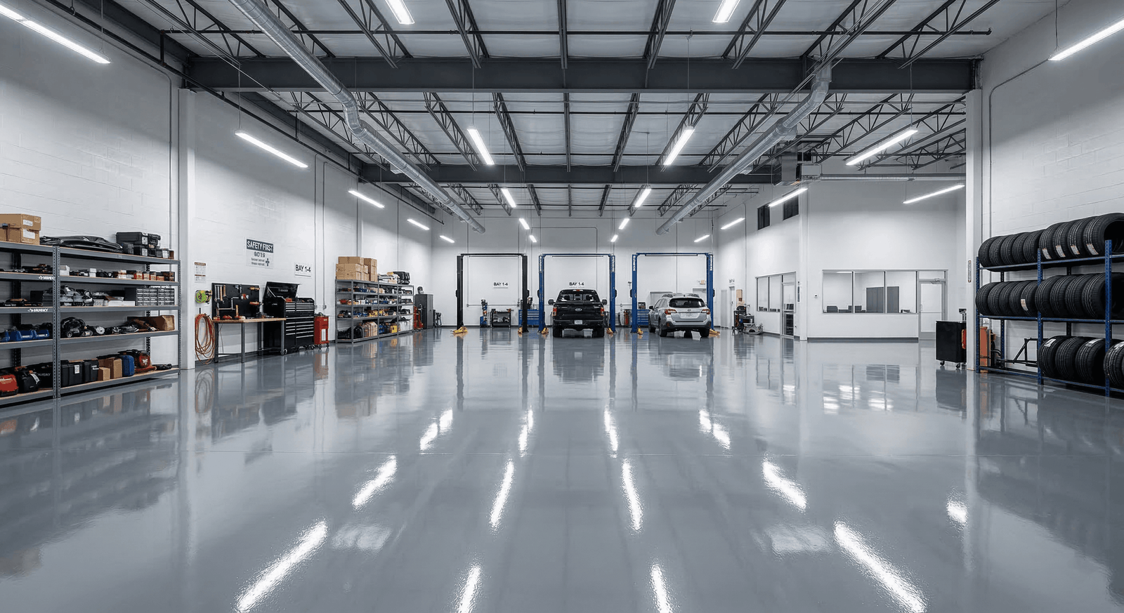 Gloss grey epoxy floor coating across a vehicle service facility with two-post lifts, parts shelving and tire racks